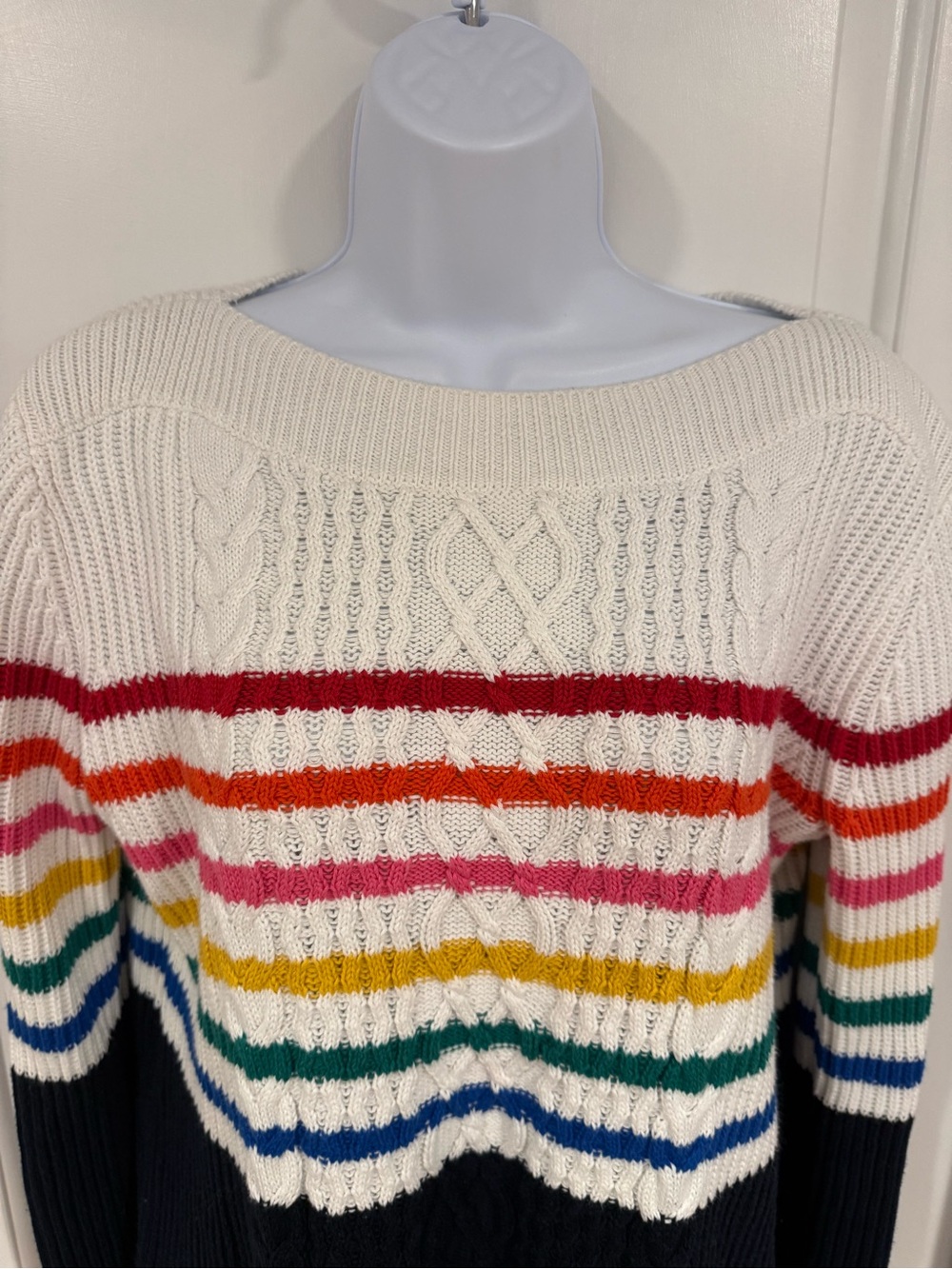 Tommy Hilfiger Cream Cable Knit Sweater with Multicolor Stripes